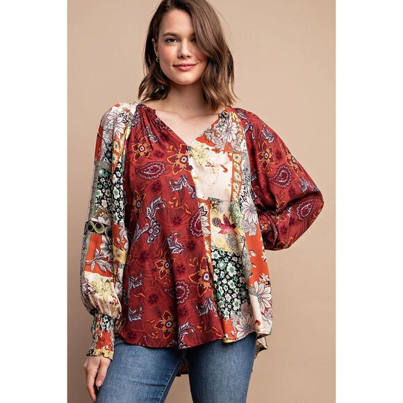 New GIGIO S M L Byzantine Garden Mixed Print V Neck Flowy Hi-Low Hem Top - Picture 1 of 7